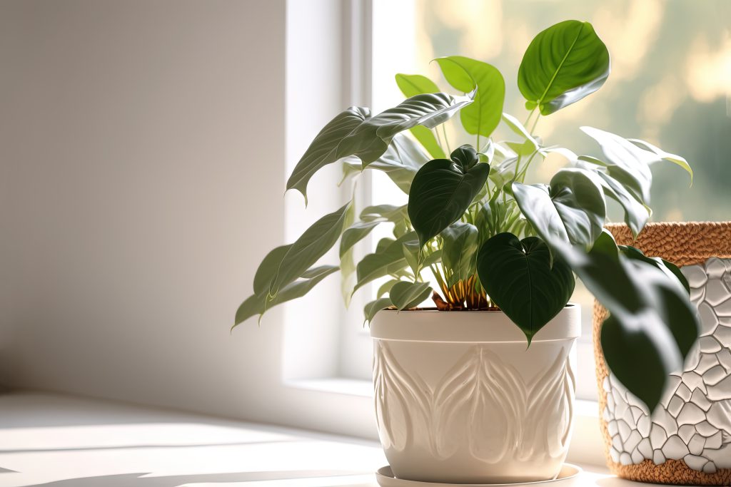 Golden pothos or devil's ivy in white modern flowerpot copy spac